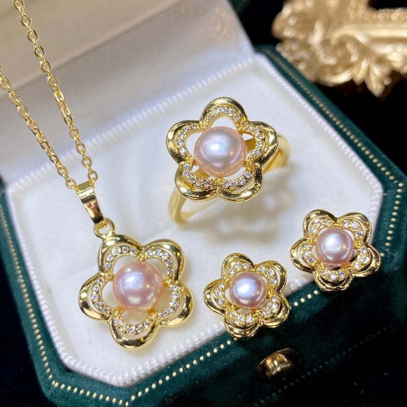 Conjunto de collar y pendientes, anillo de perlas naturales de agua dulce de alta calidad, traje de tres piezas, moda de temperamento elegante de lujo