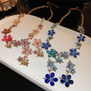 Ensemble de boucles d'oreilles et collier pour femmes, ensemble de fleurs en cristal rose et bleu de haute qualité, bijoux Vintage de fête, cadeaux