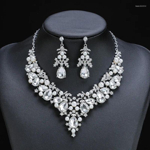 Conjunto de collar y pendientes, joyería de cristal de perlas al por mayor de fábrica de estilo de alta calidad, accesorios de compromiso de boda