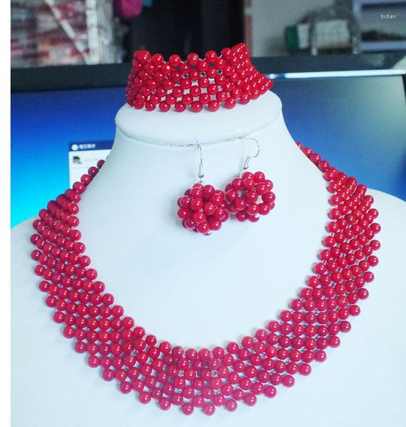 Collier boucles d'oreilles ensemble de haute qualité vin perles de corail rouge bijoux de mariage cadeau femmes 18