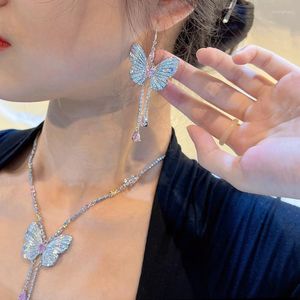 Collier boucles d'oreilles ensemble de haute qualité papillon goutte incrusté coloré cubique zircon exquis pendentif collier pour les femmes mariage bijoux éternels