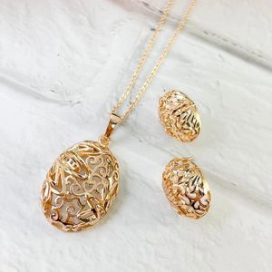 Ensemble de boucles d'oreilles et collier en filigrane creux pour femmes, bijoux ovales la fleur de vie, pendentif couleur or, vente de bijoux