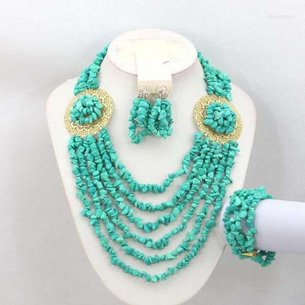Collier boucles d'oreilles ensemble Howlite puces pierre perles nigérianes bijoux 6 couches bleu gros bijoux de mariage africain GS757