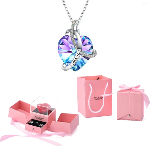 Collar Pendientes Conjunto Te Amo Colgante De Circón Con Rosa Rosa Caja De Regalo De Doble Puerta Para Mamá Novia Esposa Navidad San Valentín Romántico