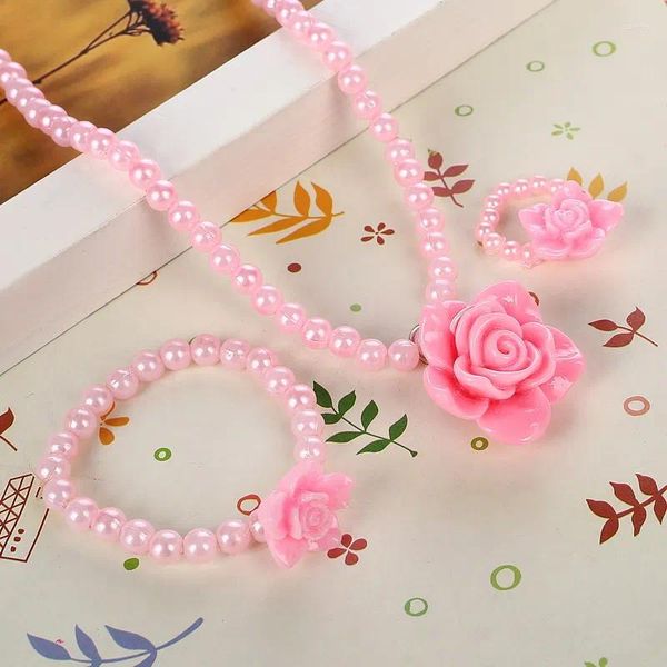 Conjunto de collar y pendientes, joyería de perlas de imitación para niñas y niños, collares con colgante de flores, pulseras, conjuntos de anillos, regalos al por mayor