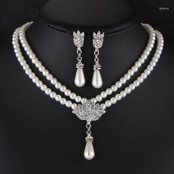 Collier boucles d'oreilles ensemble Imitation perle mariage Vintage mode cristal bijoux de mariée pour les femmes 2T087