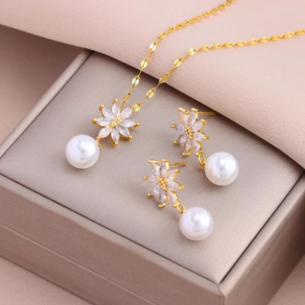 Collier boucles d'oreilles ensemble en Zircon brillant cristal perle pendentif colliers pour femmes femme usage quotidien en acier inoxydable bijoux en gros