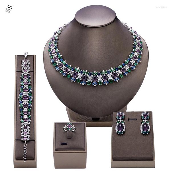 Collier boucles d'oreilles ensemble Inde Afrique Dubaï luxe dame fête de mariage coloré pierres précieuses Zircon 4 pièces ensembles mariée bague Bracelet bijoux