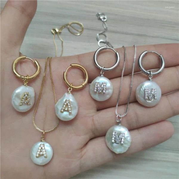 Collier et boucles d'oreilles avec initiales de 26 lettres de l'alphabet, breloque, pendentif en CZ blanc, ras du cou, mon nom, cerceau pour femme et fille, bijoux avec une perle