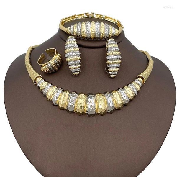 Ensemble de 4 colliers et boucles d'oreilles plaqués or 18 carats italiens, deux tons, bijoux pour femmes, bijoux de mariage, cadeau, usage quotidien