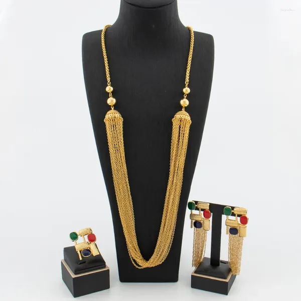 Ensemble de boucles d'oreilles et collier pour femmes, bijoux italiens de couleur or, pompon coloré et bague avec longue chaîne, bijoux de mariée de dubaï, cadeaux