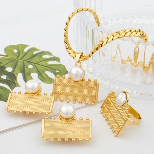 Collier boucles d'oreilles ensemble italie classique perle anneau ensembles dubaï luxe femmes mariée bijoux mariage africain à la mode accessoires de mode