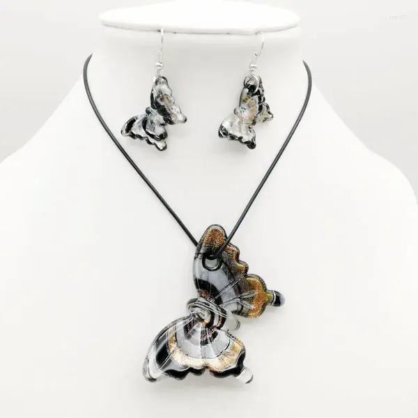 Collier boucles d'oreilles ensemble bijoux mode 6 ensembles papillon et feuille d'argent au chalumeau verre de Murano