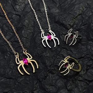 Ketting Oorbellen Set Sieraden voor tienermeisjes Goth Red Gem Spider Hanger Dierenringen Vintage Halloween Ring Cadeau