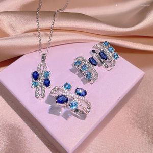 Ketting Oorbellen Set Sieraden Voor Damesmode Geometrisch Blauw Zirkoon Verstelbare Ring Eenvoudig Bruiloft Bruids