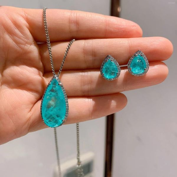 Conjunto de collar y pendientes para mujer, joyería de imitación de Paraiba, colgante de gota de agua grande, regalo para mujer, venta al por mayor