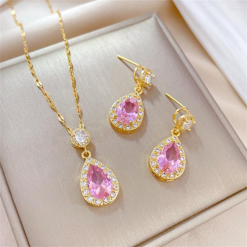 Necklace Earrings Set Jewerly For Women Luxury Zircon Water Drop Pendant Crystal Collares Para Mujer Elegantes Party Gift