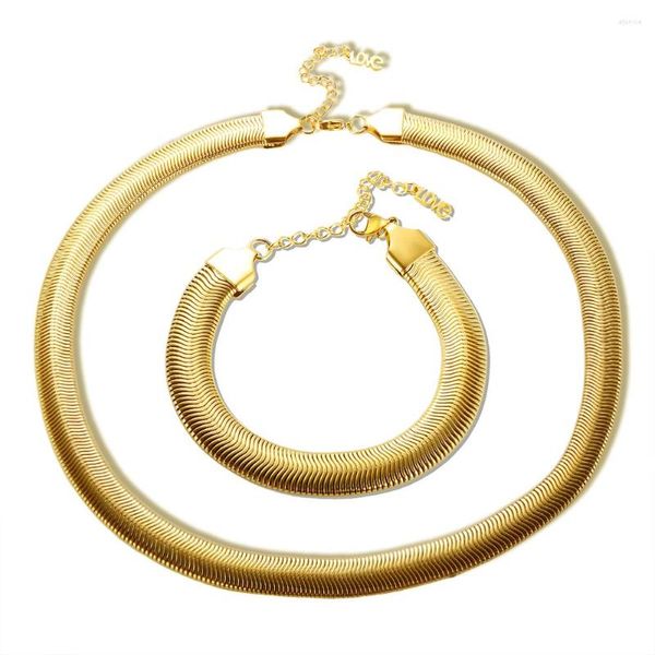 Collar Pendientes Conjunto JINHUI Pulsera de acero inoxidable Chapado en oro Metal Serpiente plana Cadena gruesa Hip Hop Punk para mujer Conjuntos de joyería Regalo