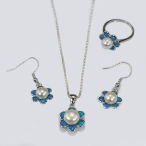 Collier boucles d'oreilles ensemble JL0002 Design fleur bijoux pour femme bleu opale de feu et anneau boucle d'oreille