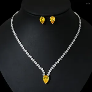 JMK – ensemble de boucles d'oreilles et collier jaune pour femmes, pendentif goutte d'eau scintillant de luxe, ras du cou, Hip HopTennies, bijoux de mariage