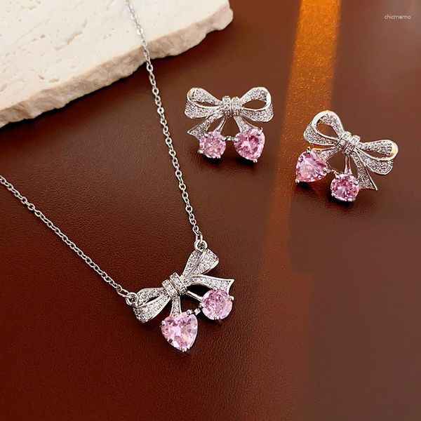 Collier Boucles D'oreilles Ensemble KAITIN Incrusté Strass Coeur Arc Noeud Colliers Pour Femmes Boucles D'oreilles De Mode De Luxe Rose Zircon De Mariage