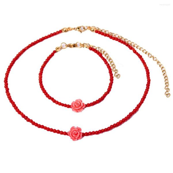 Conjunto de collar y pendientes KBJW, gargantilla romántica con cuentas, pulsera de 3 mm, joyería de coral rojo, metal de acero inoxidable chapado en oro de 18 quilates para niña