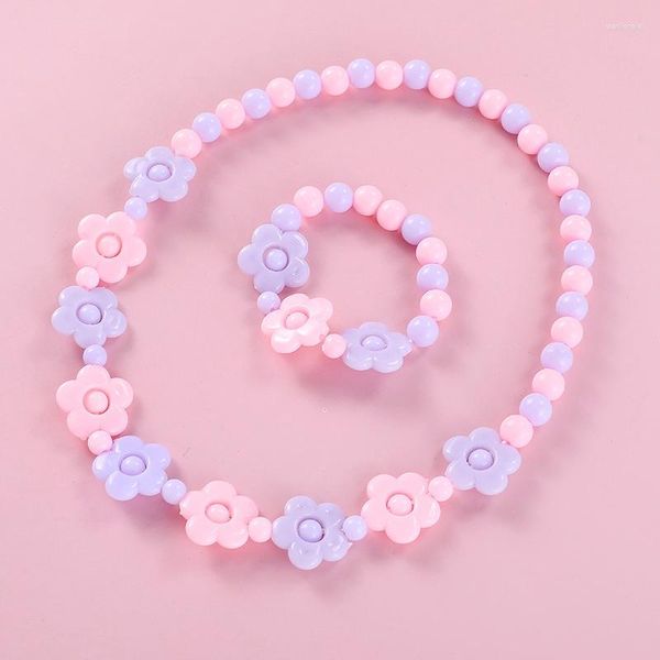 Ensemble de collier et boucles d'oreilles pour enfants, rose doux, violet, dessin animé, perles de fleurs faites à la main, bracelets, pull pour enfants, noël pour filles