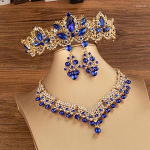 Ketting Oorbellen Set KMVEXO Barok Goud Blauw Kleur Kristal Bruids Strass Tiara Kroon Bruiloft Dubai Sieraden