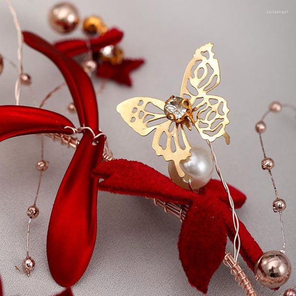 Conjunto de pendientes de collar, accesorios para el cabello de boda de cristal de novia coreana, diadema de perlas rojas, diademas de novia, tocado de corona, judío para mujer