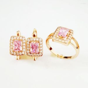 Collier boucles d'oreilles ensemble coréen carré pierre boucle d'oreille bijoux Rose 585 couleur or femmes à la mode rose cubique Zircon anneau