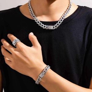 KunJoe – ensemble de boucles d'oreilles et collier pour hommes, strass Miami, boucle cubaine, chaîne à maillons, Bracelet, Punk, couleur argent, bijoux hip hop