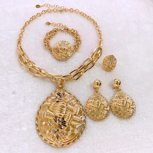 Ensemble collier et boucles d'oreilles pour femmes, bague en or 24 carats, bijoux, accessoires de mariage, fête de luxe