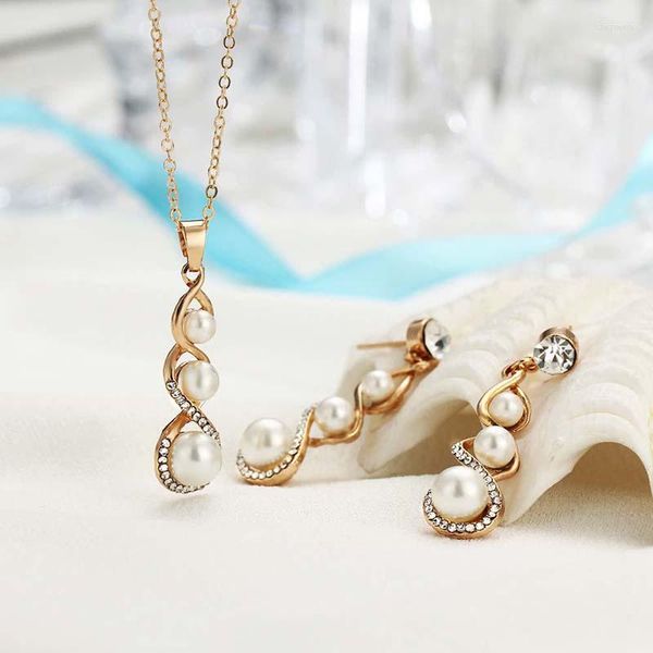 Conjunto de pendientes de collar, colgante de perla simulada de lujo para mujer, joyería nupcial clásica de boda de diamante largo para mujer