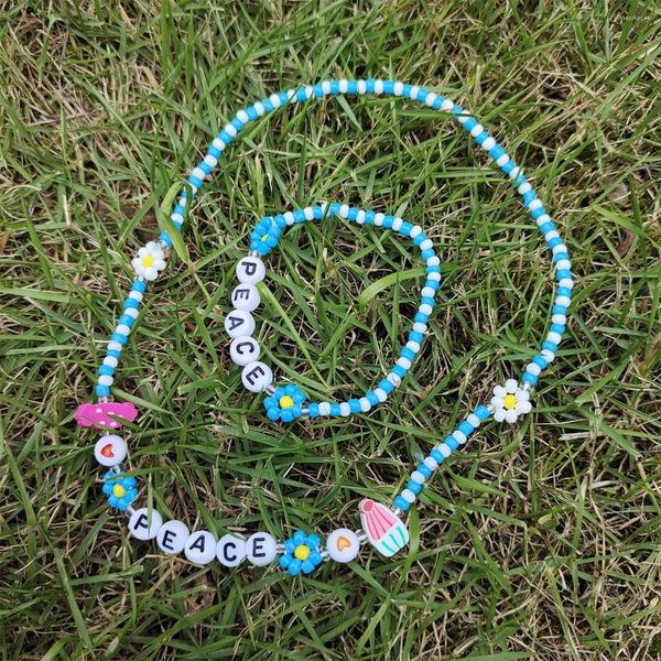 Conjunto de collar y pendientes para mujer, colorido, con cuentas a mano, pulsera elástica con cuentas de arroz, gargantilla de flores y dulces, joyería