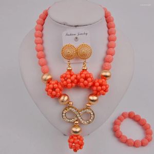 Conjunto de collar y pendientes, cuentas de Coral de boda nigeriana rosa, joyería africana para disfraz, 12-F-01