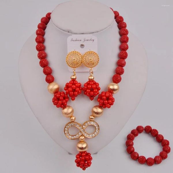 Conjunto de collar y pendientes, cuentas de Coral nigeriano rojo, joyería africana, boda nupcial, 12-F-02