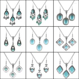 Ensemble collier et boucles d'oreilles LE ERH-L61C, Turquoises, dôme rond, pierre verte, pendentif, bijoux de fête pour femmes