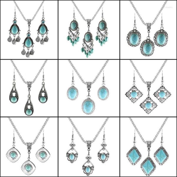 Ensemble collier et boucles d'oreilles LE ERH-L61C, Turquoises, dôme rond, pierre verte, pendentif, bijoux de fête pour femmes