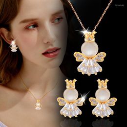 Collier boucles d'oreilles ensemble LEEKER mode coréenne opale ange pendentifs et colliers goujon pour femme dame accessoires de mariage ZD1 LK6