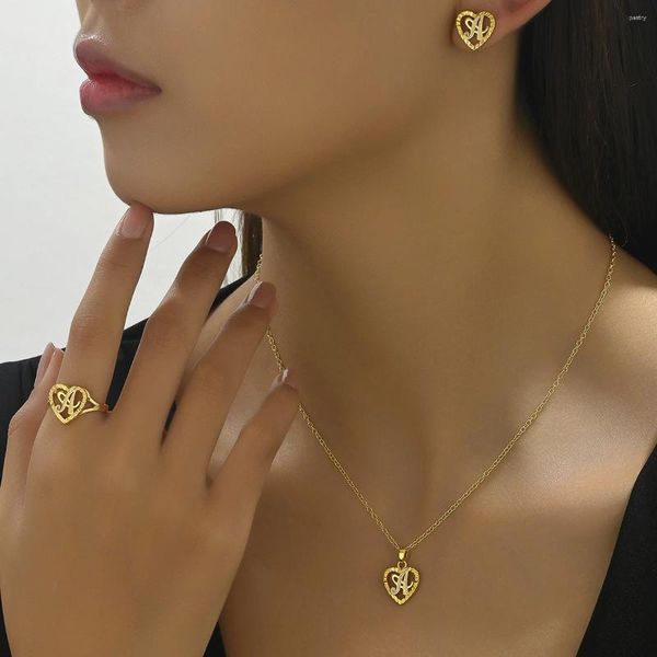 Conjunto de collar y pendientes con colgante de letra A para mujer, aretes de Color dorado, anillo de cobre abierto a la moda, joyería fina, regalo para desplazamientos diarios