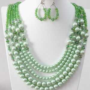 Collier boucles d'oreilles ensemble vert clair coquille ronde Imitation perle Abacus verre cristal Unique 5 rangées bijoux en gros B983-15