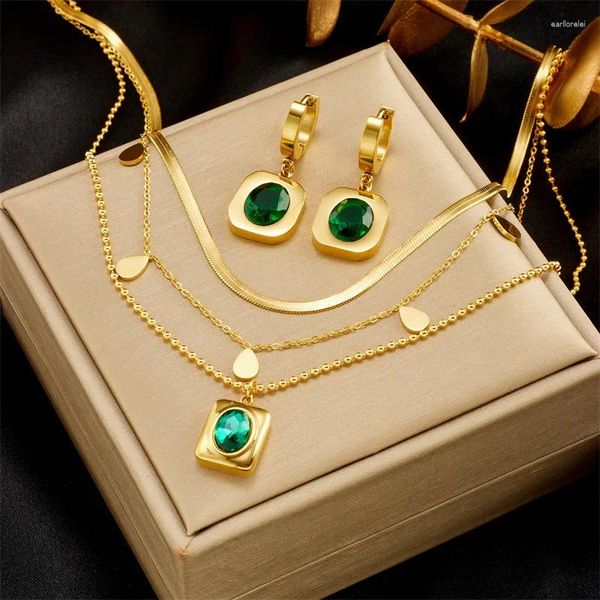 Ensemble de boucles d'oreilles et collier pour femmes, pendentif de luxe en titane et acier, pierre verte, Vintage, chaîne serpent plate, bijoux cadeau de fête