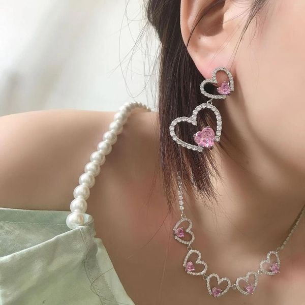 Lihua – ensemble collier et boucles d'oreilles rose vif, bijou d'amour plaqué poudre Dei 18K, Type cœur en Zircon, tempérament sœur royale, goutte pour fille