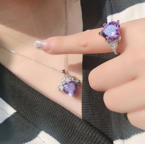 Conjunto de collar y pendientes Lihua Heavy Industry repleto de circonita, diseño de joyería, anillo chapado en 18K, Color de corazón de amor brillante, amatista