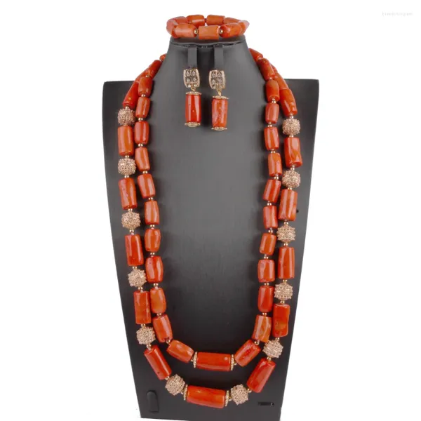 Conjunto de pendientes y collar con cuentas largas de Coral para mujer, joyería de boda africana hecha a mano de doble capa, accesorios de bola de aleación para fiesta de noviaABS193