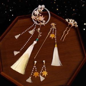Collier boucles d'oreilles ensemble long gland épingle à cheveux boucle d'oreille accessoires de cheveux de mariage chinois Hanfu bâtons frange perle casque filles bijoux anciens