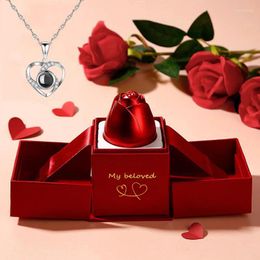 Necklace Earrings Set Love Heart Projection With Exquisite Rose Gift Box I You Pendant Jewelry 2024 Romantic Accessories Wholesale