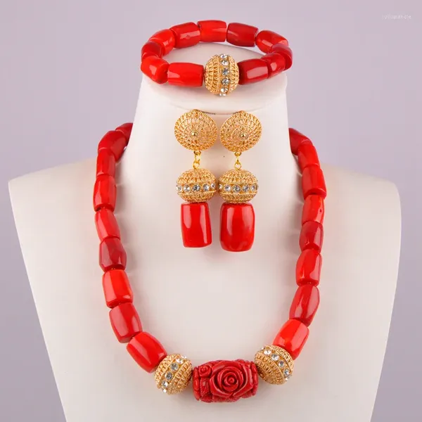 Conjunto de collar y pendientes, preciosas cuentas de Coral naranja, joyería africana roja