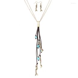 Boucles d'oreilles de collier Set LUREME vintage Long Sirène Blue Stone Tassel Jewelry for Women Gift (JS000708)