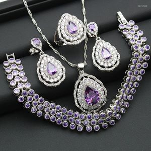 Collier boucles d'oreilles ensemble luxueux cristal violet couleur argent pour les femmes boucle d'oreille Bracelet pendentif anneau cadeau de noël boîte gratuite